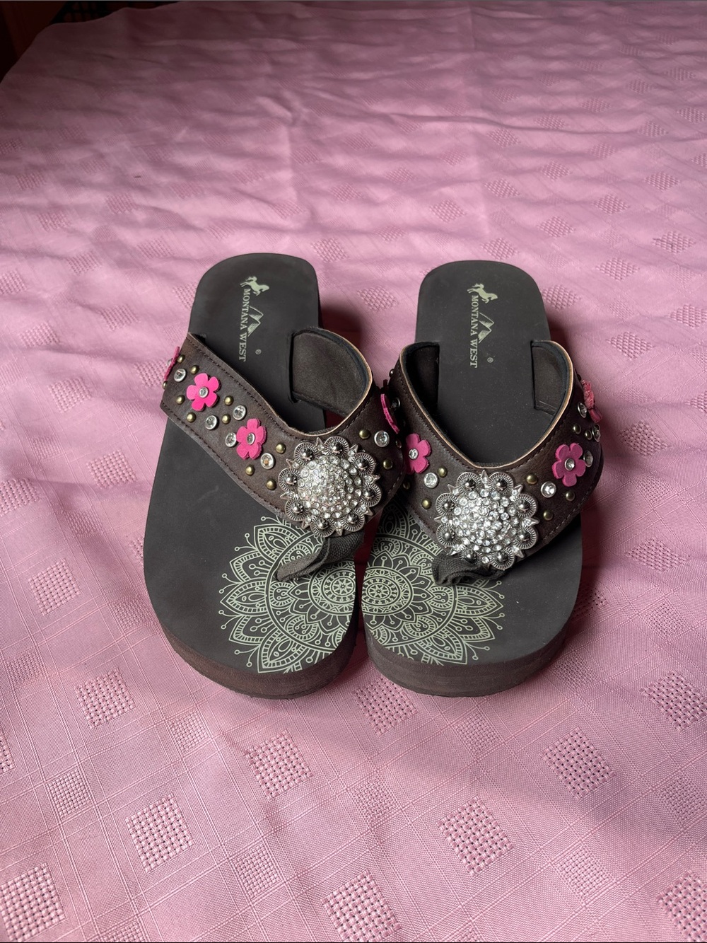 Montana West Black and Pink Floral Rhinestone Thong Sandals